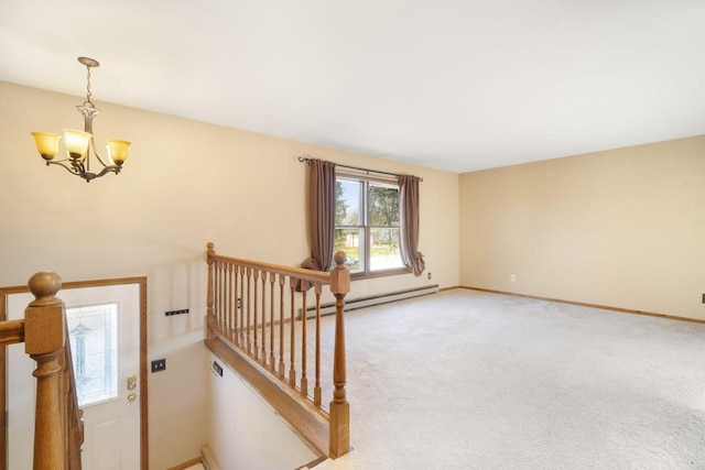 stairway featuring carpet floors, a baseboard radiator, and an inviting chandelier