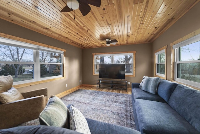 living room featuring wood ceiling, wood-type flooring, and a wealth of natural light