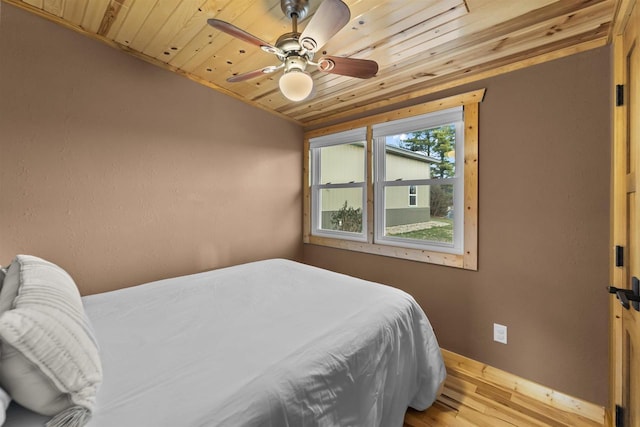 bedroom featuring ceiling fan, light hardwood / wood-style floors, wood ceiling, and lofted ceiling