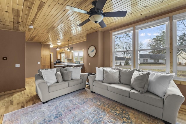 living room with hardwood / wood-style floors, a healthy amount of sunlight, and wood ceiling