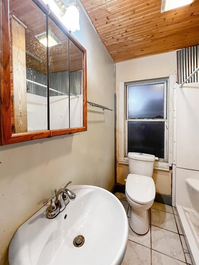 bathroom with toilet, sink, wood ceiling, and tile patterned flooring