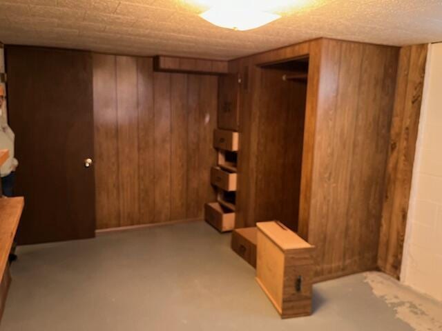 basement featuring wooden walls