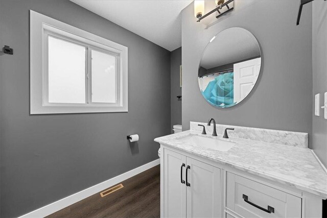 bathroom with hardwood / wood-style flooring, vanity, and toilet