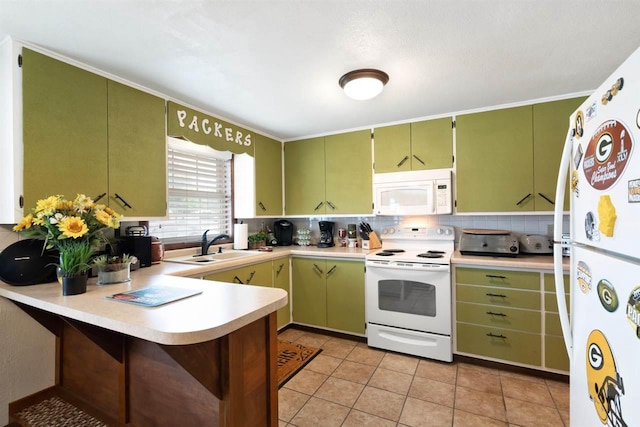 kitchen with sink, kitchen peninsula, white appliances, decorative backsplash, and light tile patterned flooring