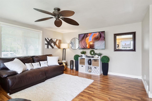 living room featuring ceiling fan and wood-type flooring