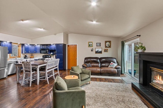 living room with dark hardwood / wood-style floors and lofted ceiling