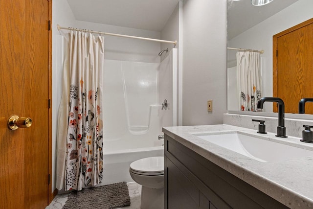 full bathroom with vanity, shower / bathtub combination with curtain, and toilet