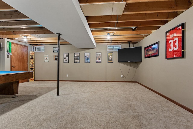 basement with carpet and pool table