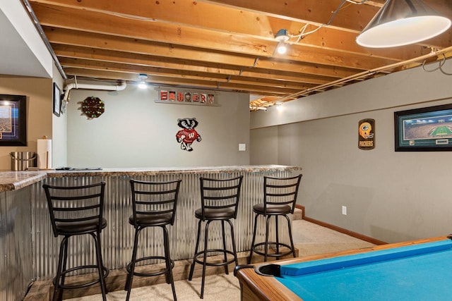 bar featuring light carpet and pool table