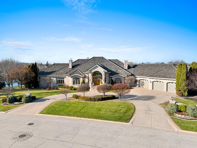 french country inspired facade with a front yard and a garage