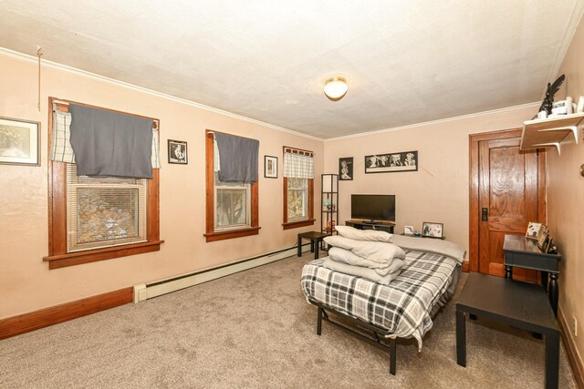 carpeted bedroom with ornamental molding and a baseboard radiator