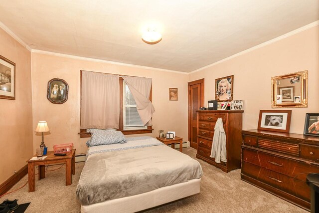 bedroom with crown molding, light colored carpet, and a baseboard heating unit