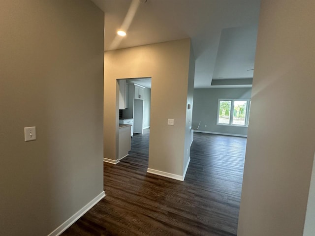 hallway with dark wood-type flooring