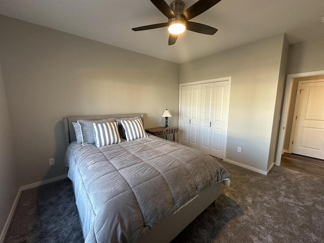 bedroom featuring a closet, dark carpet, and ceiling fan