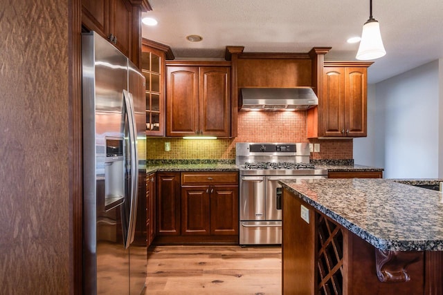 kitchen with decorative backsplash, appliances with stainless steel finishes, ventilation hood, light hardwood / wood-style floors, and hanging light fixtures