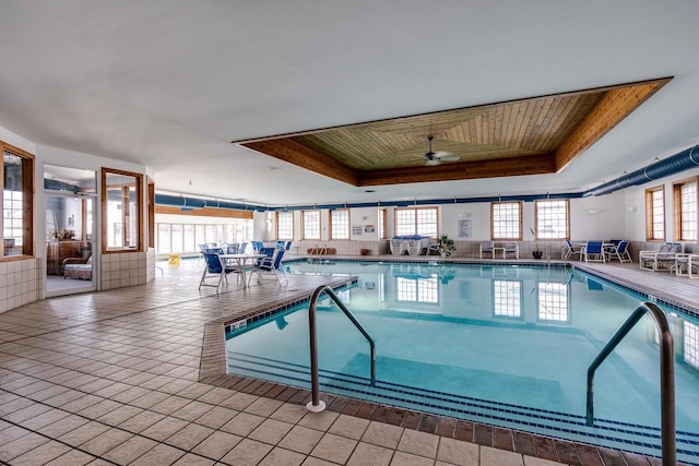 view of pool featuring ceiling fan