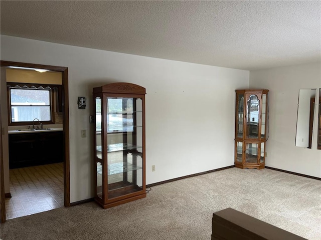 spare room featuring carpet flooring, sink, and a textured ceiling