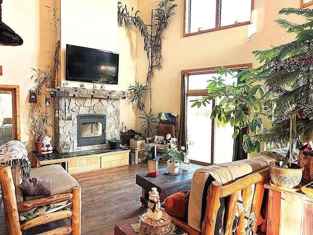 living room with a fireplace and dark hardwood / wood-style floors