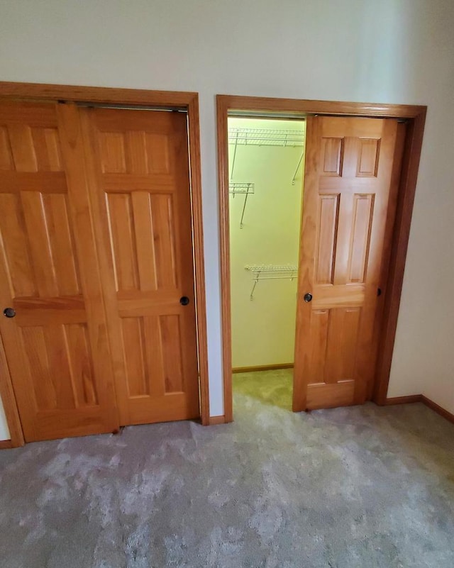 unfurnished bedroom featuring light colored carpet and a closet