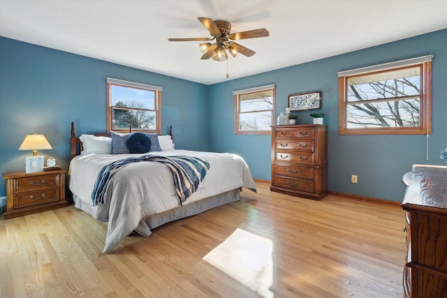 bedroom featuring ceiling fan and light wood-type flooring