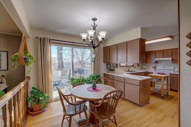 kitchen featuring white range with electric cooktop, sink, decorative light fixtures, light hardwood / wood-style floors, and a chandelier