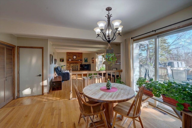 dining room with light hardwood / wood-style flooring and a notable chandelier