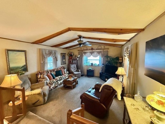 living room featuring carpet, lofted ceiling with beams, and ceiling fan