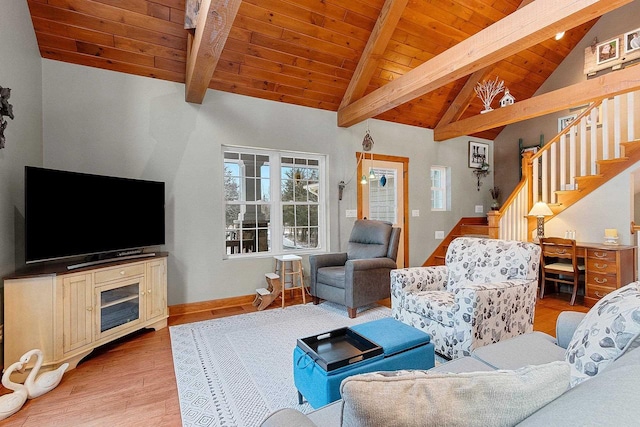 living room featuring beamed ceiling, high vaulted ceiling, light wood-type flooring, and wood ceiling