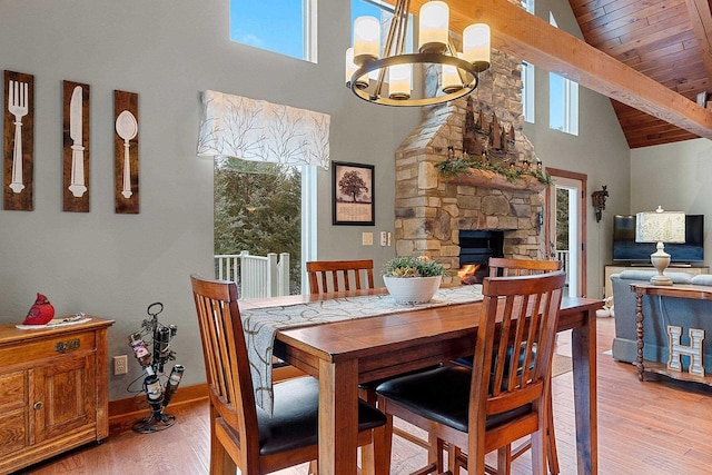 dining space with a wealth of natural light, light wood-type flooring, and an inviting chandelier