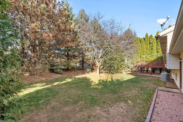 view of yard featuring a wooden deck and cooling unit