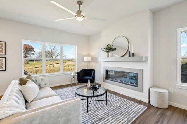 living room featuring ceiling fan and dark hardwood / wood-style flooring