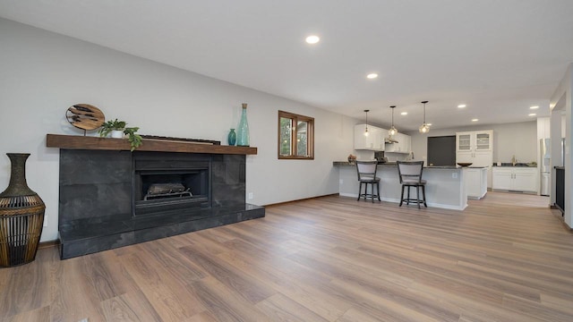 living room featuring light hardwood / wood-style floors and a fireplace