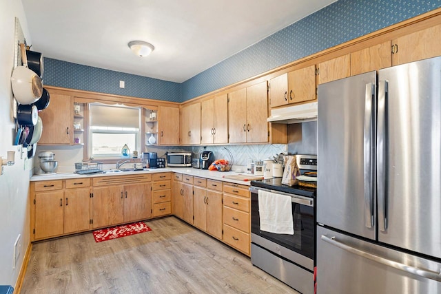 kitchen featuring tasteful backsplash, sink, stainless steel appliances, and light hardwood / wood-style floors