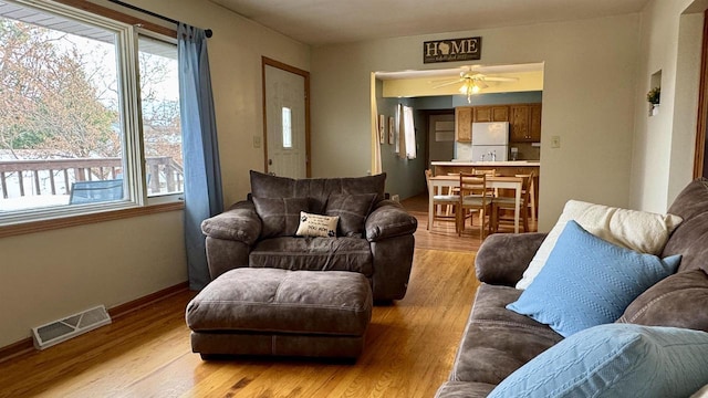 living room with ceiling fan and light hardwood / wood-style flooring