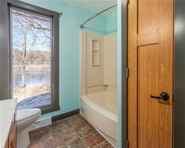 full bathroom with vanity, toilet, and tub / shower combination