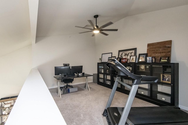 exercise room with carpet floors, ceiling fan, and lofted ceiling