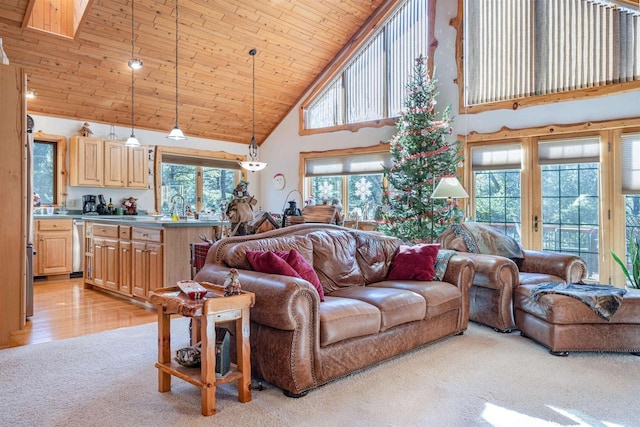 living room featuring a skylight, sink, high vaulted ceiling, wooden ceiling, and light hardwood / wood-style floors