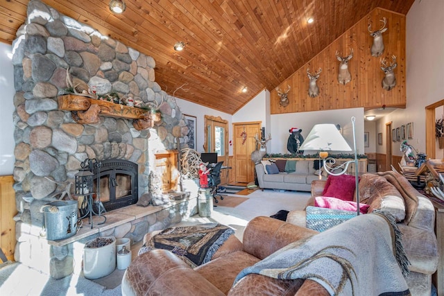 living room featuring light carpet, high vaulted ceiling, a stone fireplace, and wood ceiling