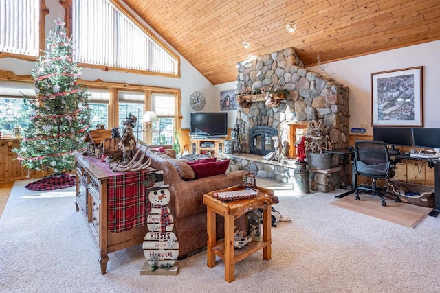 carpeted living room featuring a fireplace, high vaulted ceiling, and wood ceiling