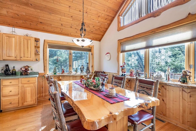 dining room with lofted ceiling, light hardwood / wood-style floors, and wooden ceiling