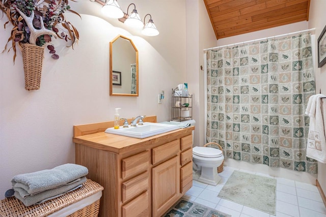 bathroom with vanity, lofted ceiling, tile patterned floors, toilet, and wood ceiling