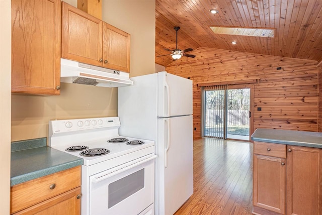 kitchen with white appliances, a skylight, light hardwood / wood-style flooring, ceiling fan, and wood ceiling