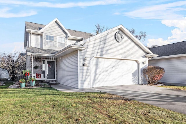 view of front of house with a garage and a front lawn