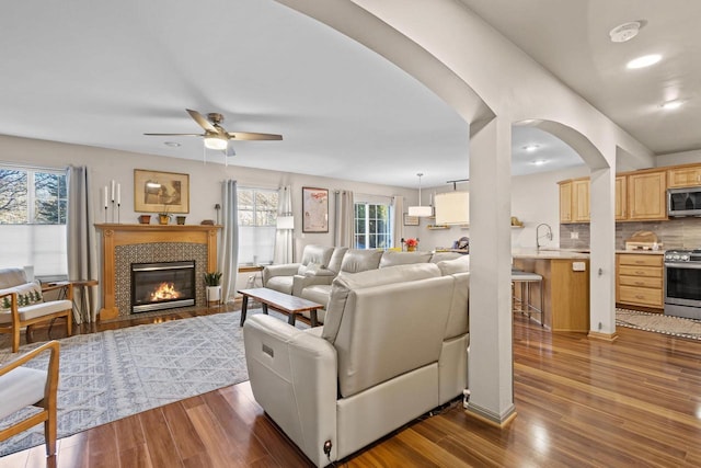 living room with a healthy amount of sunlight, dark hardwood / wood-style flooring, and a fireplace