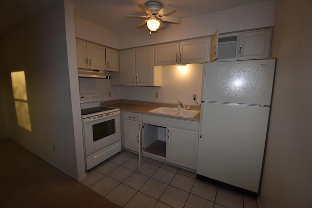 kitchen with white cabinetry, ceiling fan, sink, white appliances, and light tile patterned floors