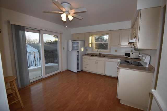 kitchen featuring white appliances, sink, ceiling fan, light wood-type flooring, and custom range hood