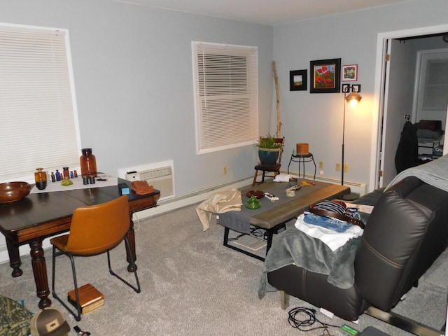 carpeted living room with a wall mounted AC