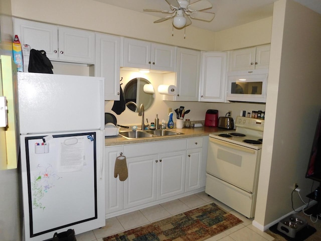 kitchen featuring white cabinets, ceiling fan, white appliances, and sink