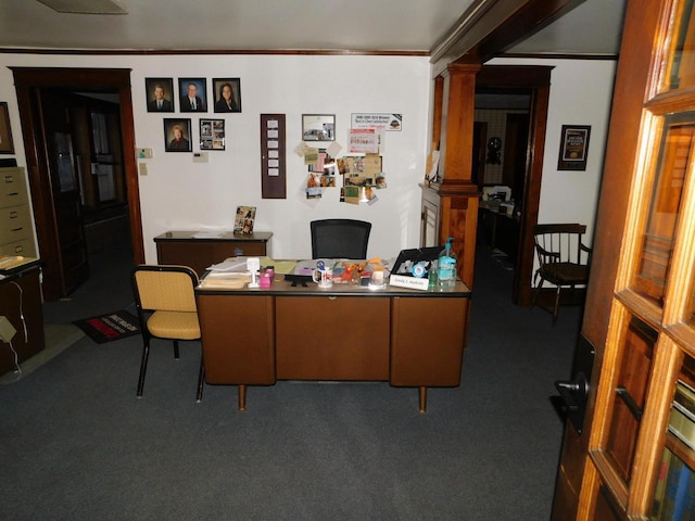 office area featuring ornate columns, carpet floors, and ornamental molding