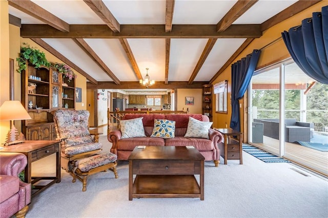 carpeted living room with lofted ceiling with beams and a notable chandelier